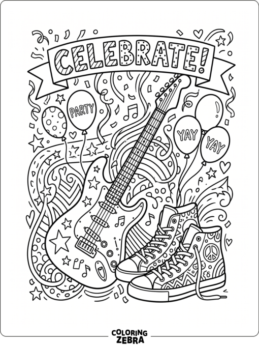 A teen celebration scene with guitar and sneakers
