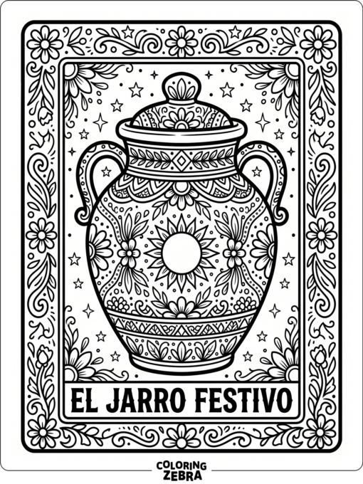 A loteria card with a festive jar and border