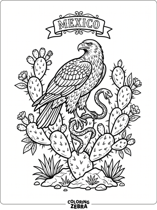 An eagle perched on a cactus with a banner