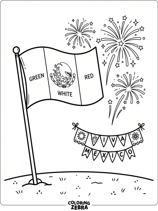 Mexican flag with fireworks and a celebration banner