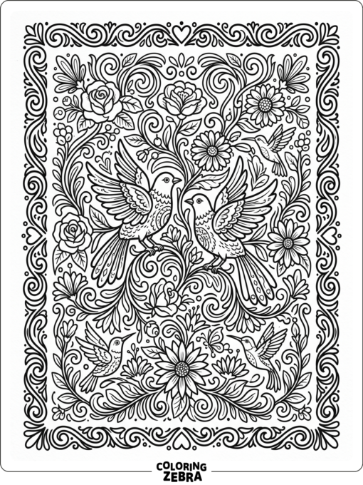Birds and flowers in a Mexican folk art style