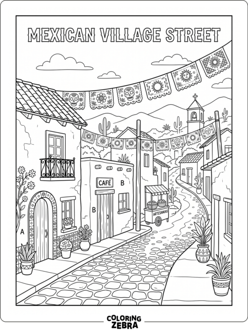 Quiet village street with banners and adobe houses
