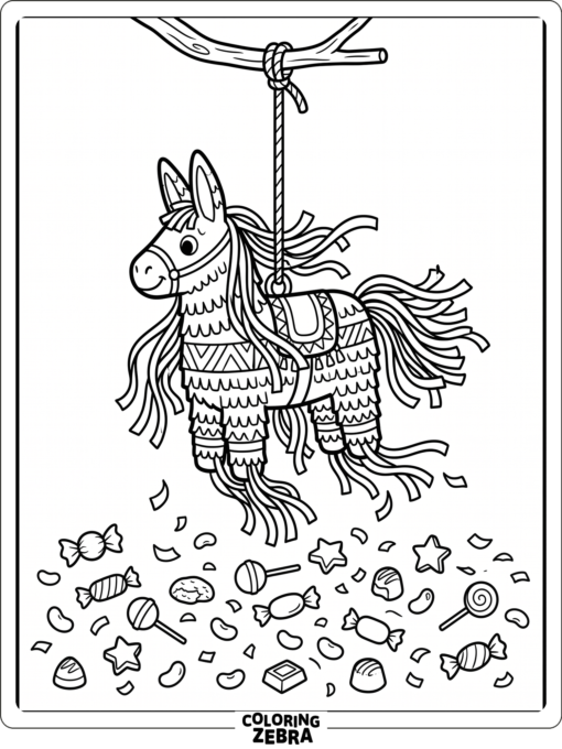 Festive piñata with streamers and candy pieces