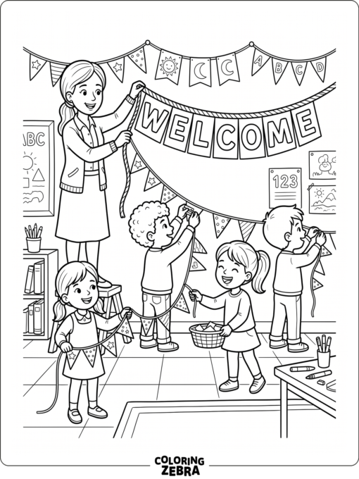 Students decorating a classroom for a celebration