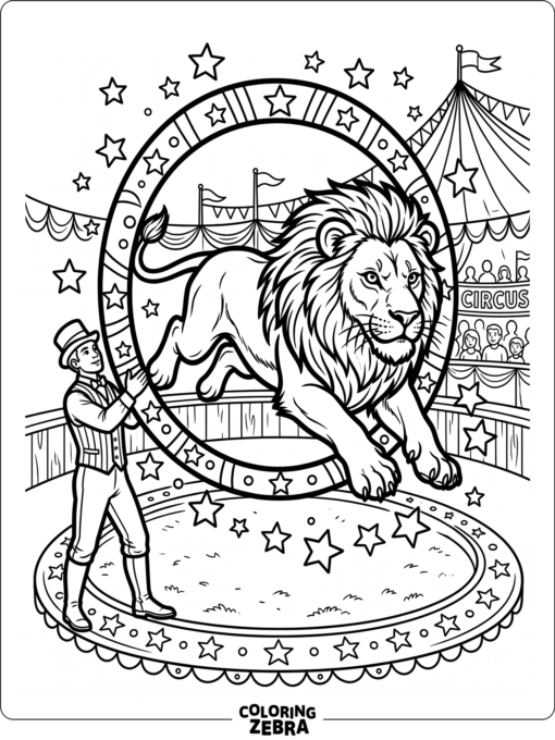 A circus lion jumps through a hoop with stars nearby