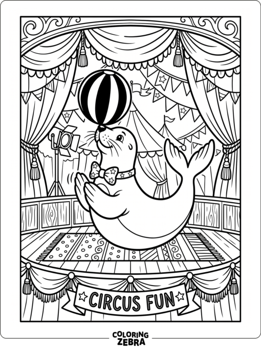 A circus seal balancing a ball on a small stage