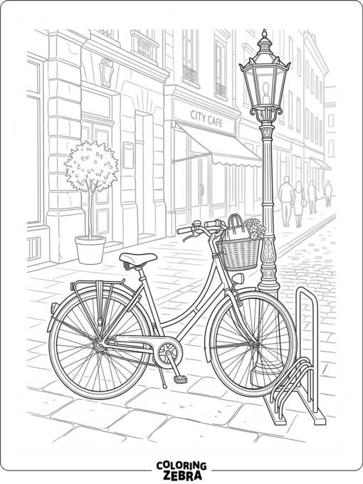 A city bike with fenders beside a streetlamp