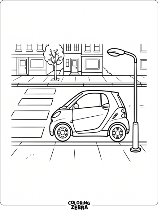 A city car parked near a crosswalk and streetlight