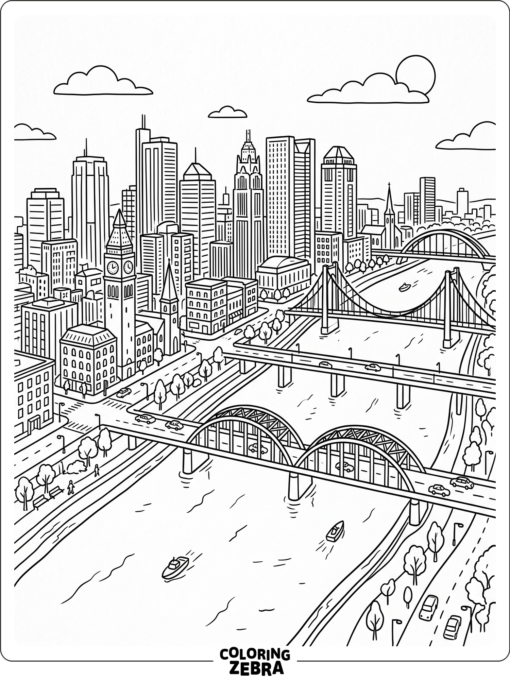 A city skyline by a river with bridges