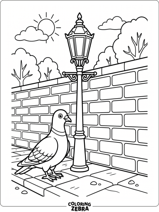 A city pigeon near a street lamp