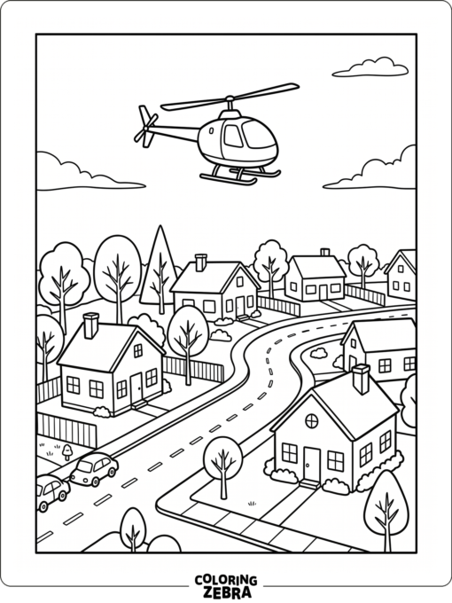 Civilian helicopter flying above a neighborhood
