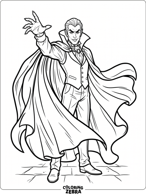 Dracula wearing a flowing cape and raising one hand