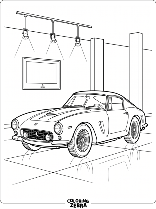 A classic Ferrari coupe on a showroom floor