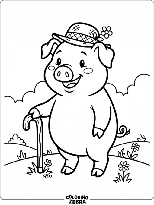 A classic cartoon pig with a hat and cane