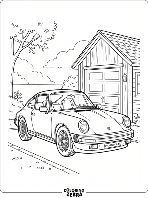 Classic Porsche parked by a garage