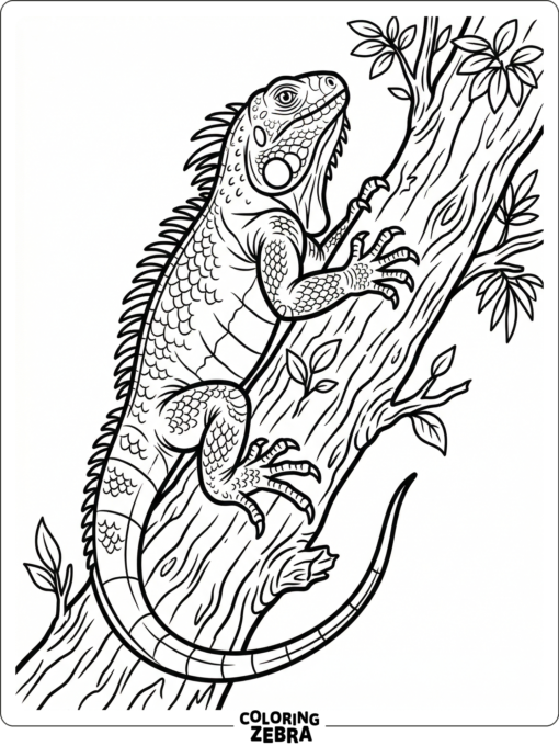 An iguana climbing a tree trunk with spread toes