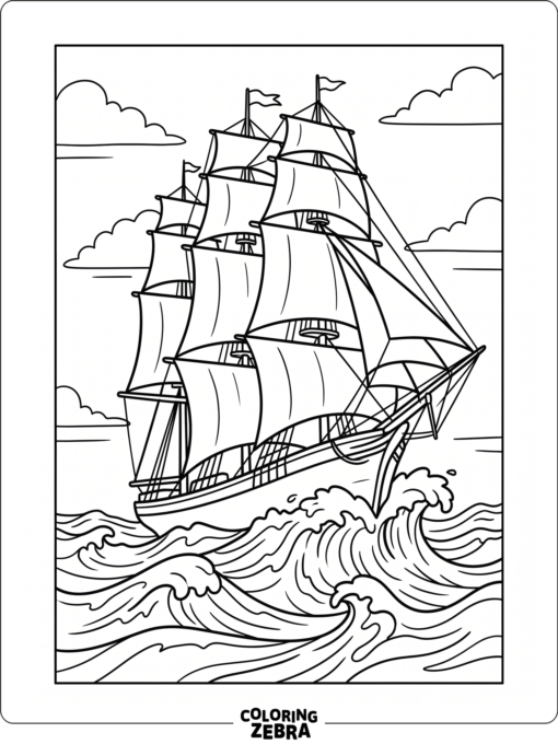 A clipper ship with long sails cutting through waves