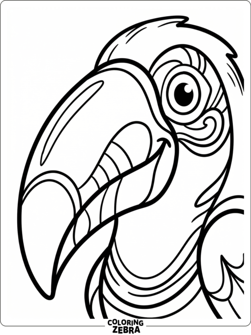 A close-up toucan face with a large curved beak