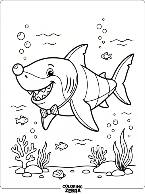 A cartoon megalodon with a clown nose and bow tie