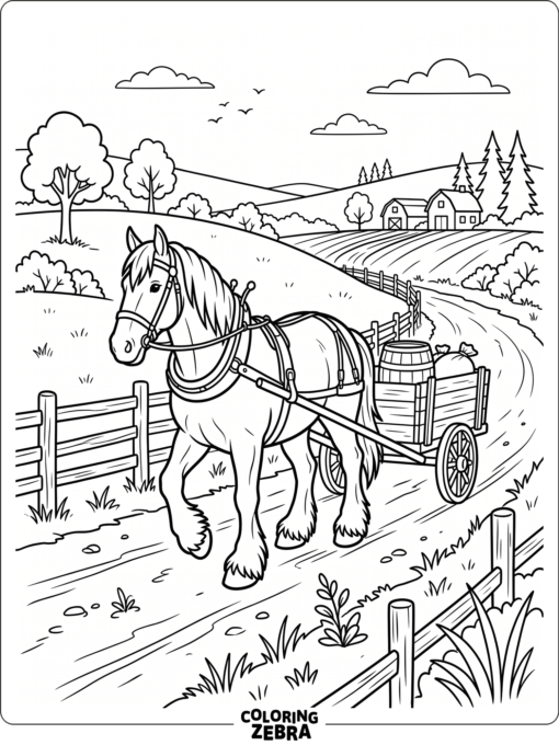 A Clydesdale pulls a wagon down a farm lane