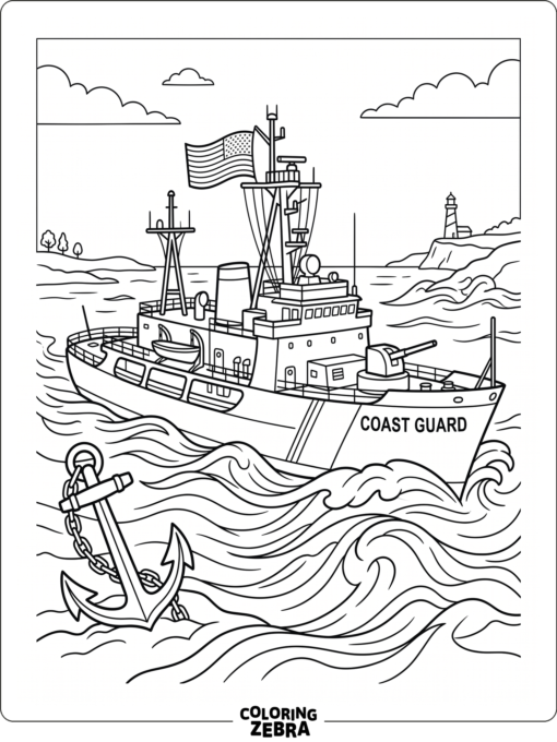 A Coast Guard cutter with waves, an anchor, and flag