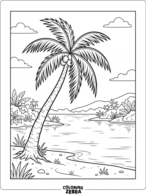 A tropical palm tree beside calm water