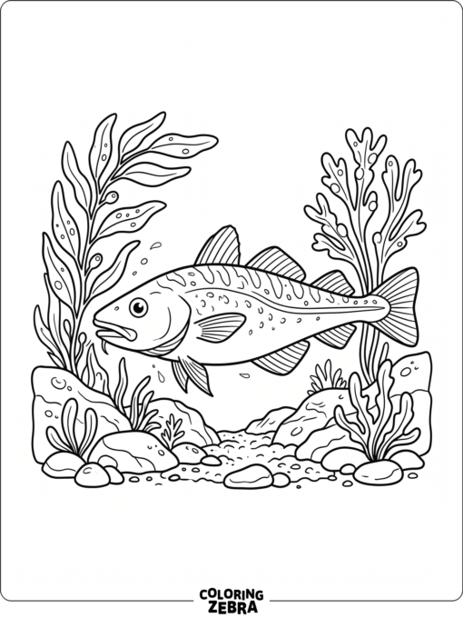 A cod fish near seaweed and rocks