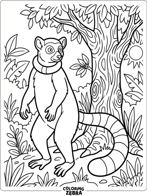 A collared lemur standing near a tree