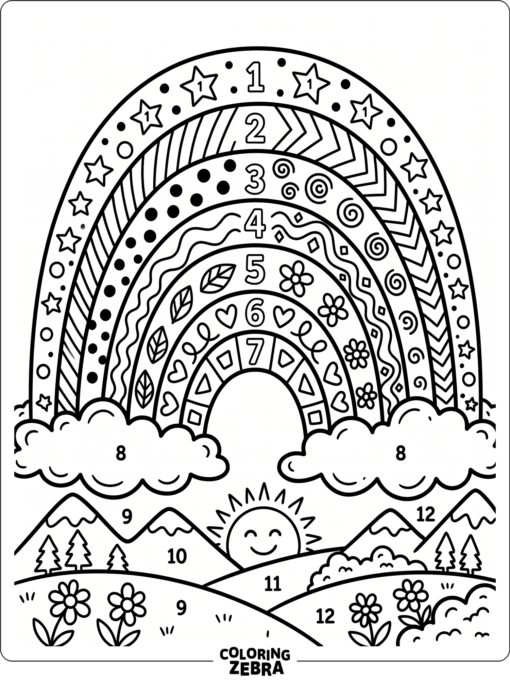 A numbered rainbow with clear sections to color