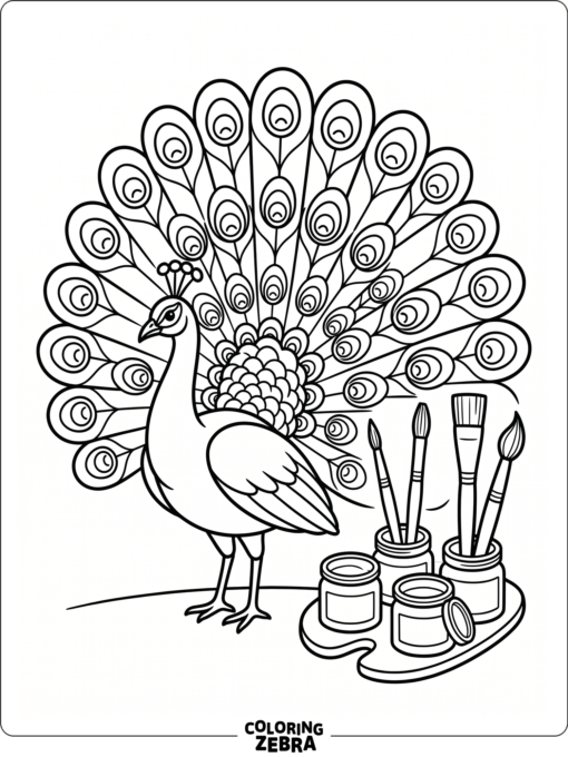 A peacock spreading its tail beside paintbrushes and paint pots
