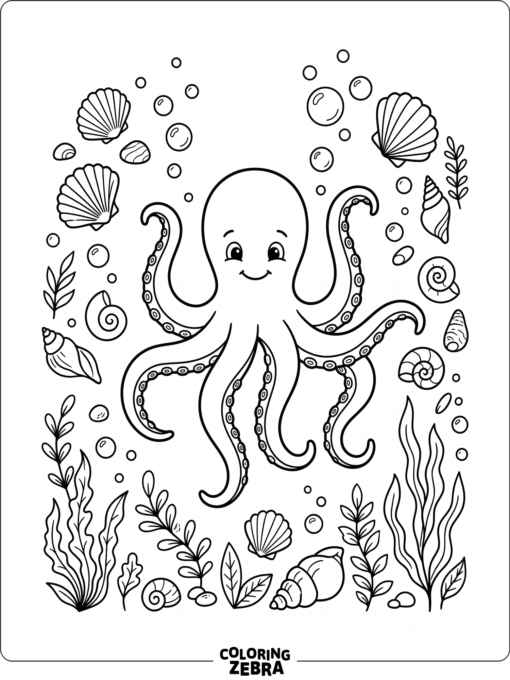An octopus with shells, bubbles, and sea plants