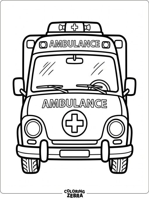 An ambulance seen from the front with headlights and a cross