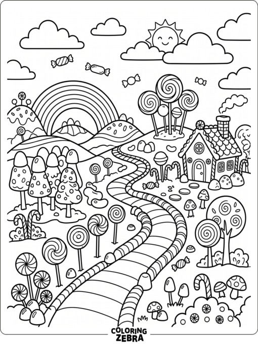A Candyland world with a curving candy trail