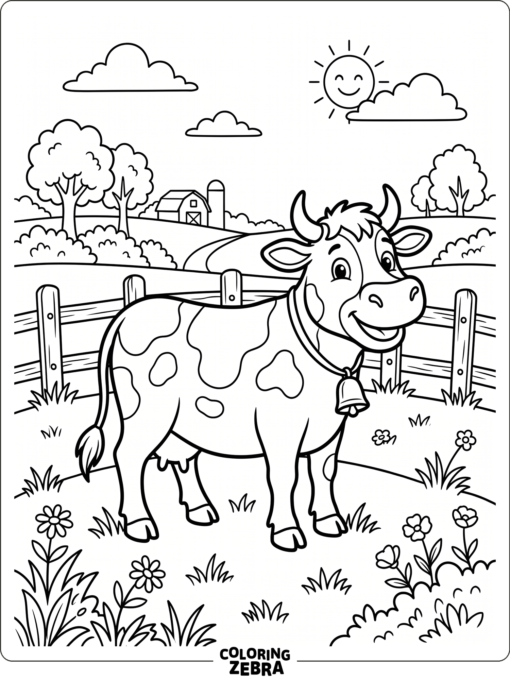 A cow stands in a grassy pasture near a fence