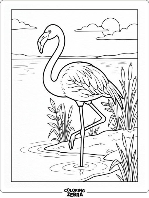 A flamingo standing by water with reeds