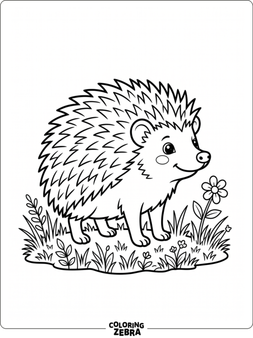 A hedgehog standing in grass with a flower