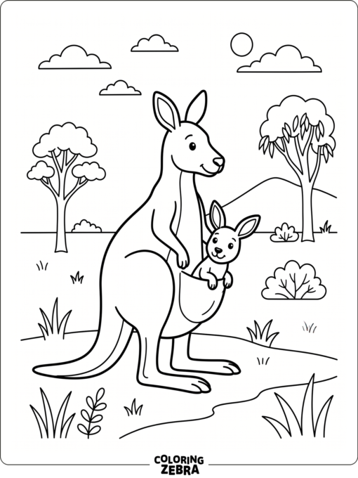 A mother kangaroo and baby standing together