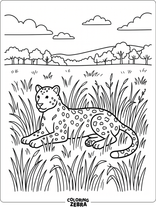 A leopard lying in grass with a tree line in the background