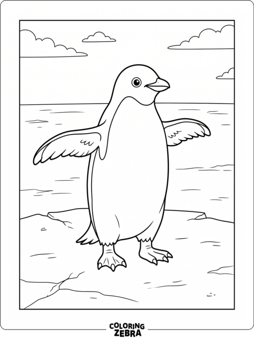 A penguin with flippers out on ice