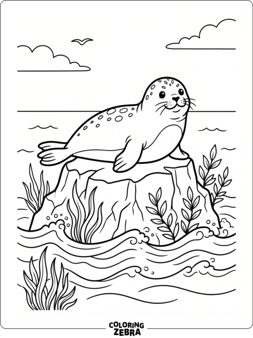 A seal resting on a rock near sea grass