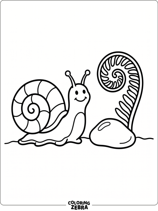 A snail beside a pebble and a curling fern