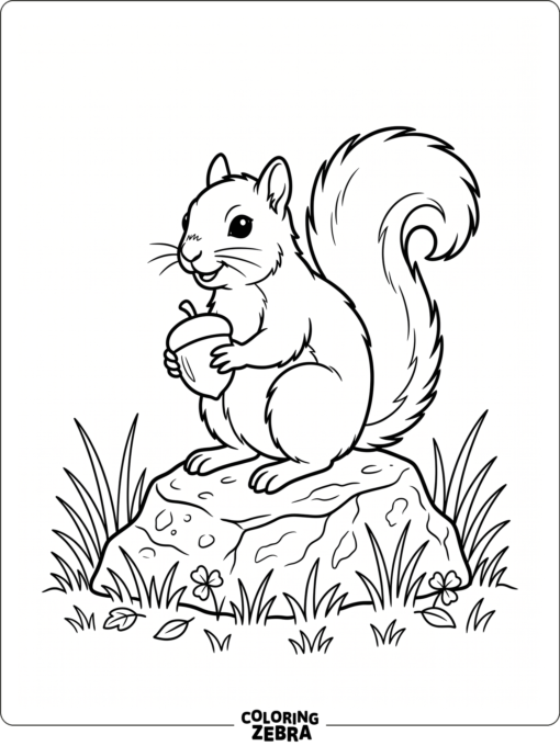 A squirrel sits on a rock with an acorn
