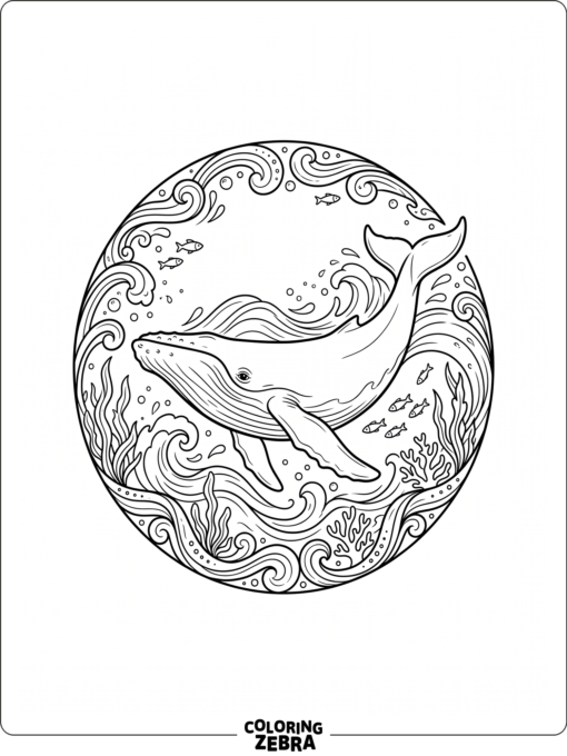 A whale inside a curved ocean frame