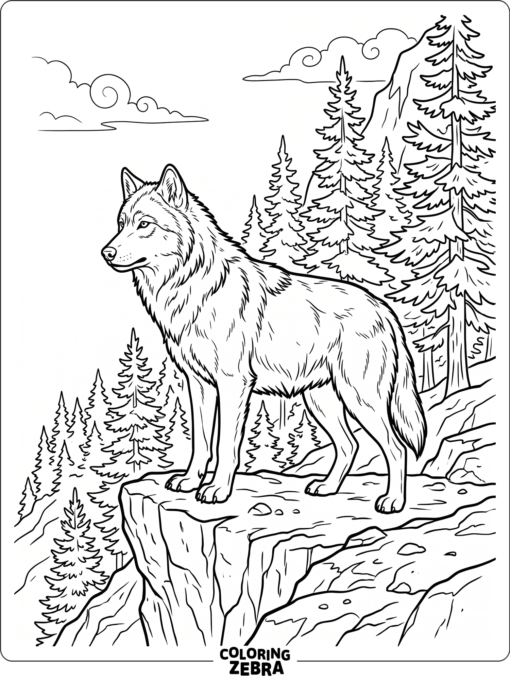 A lone wolf standing on a rocky ledge
