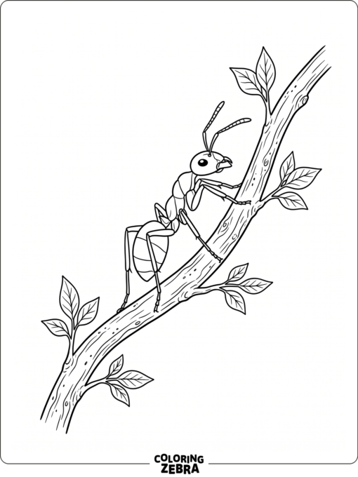 An ant crawling over a twig with little leaves