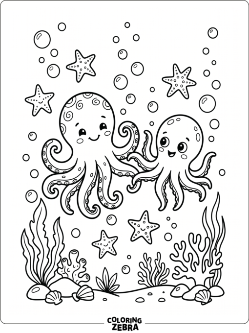 Two cute octopuses floating among bubbles and starfish