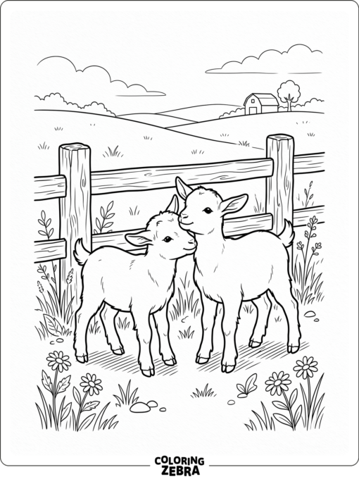 Two baby goats nuzzling in a pasture