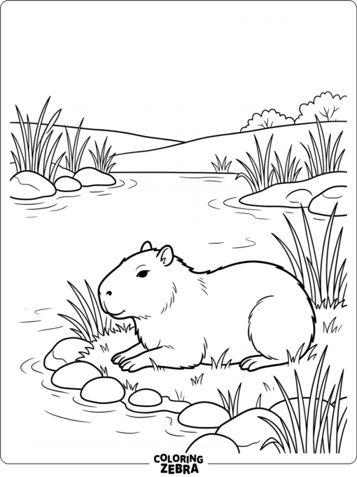A capybara resting by a pond with tall grass