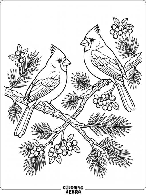 Two cardinals perched on pine branches