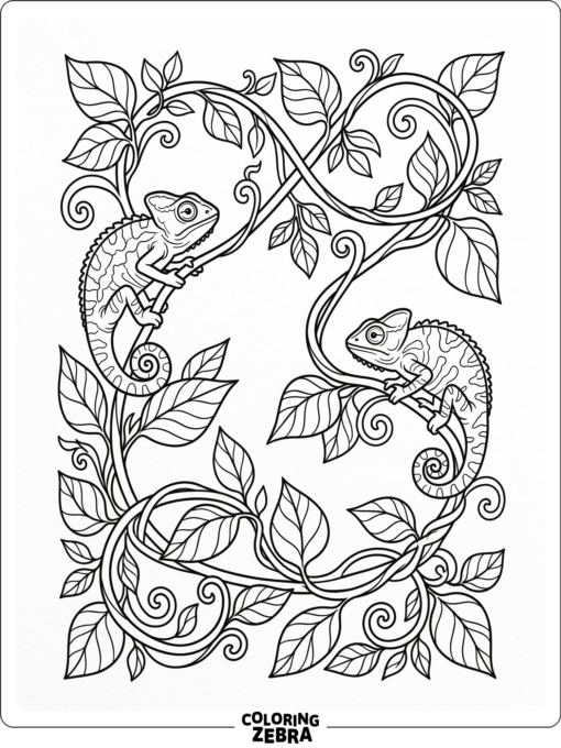 Two chameleons perched on twisting vines